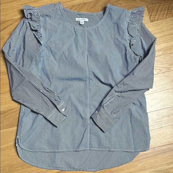 White and Blue Ruffled Long Sleeve Blouse - Picture 1 of 10